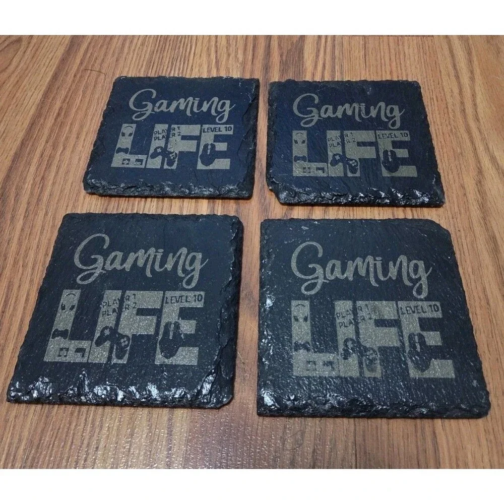 4 Pc Gaming Life Slate Coasters Engraved Gamer Player 1 Player 2 Level 10